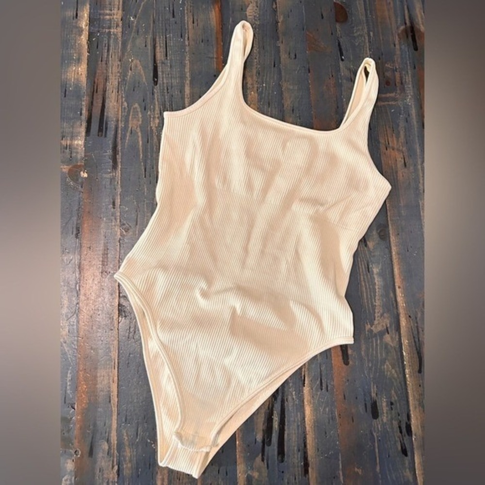 OQQ Women Ribbed Square Neck Bodysuit Sleeveless Tank Top Cream Beige Medium